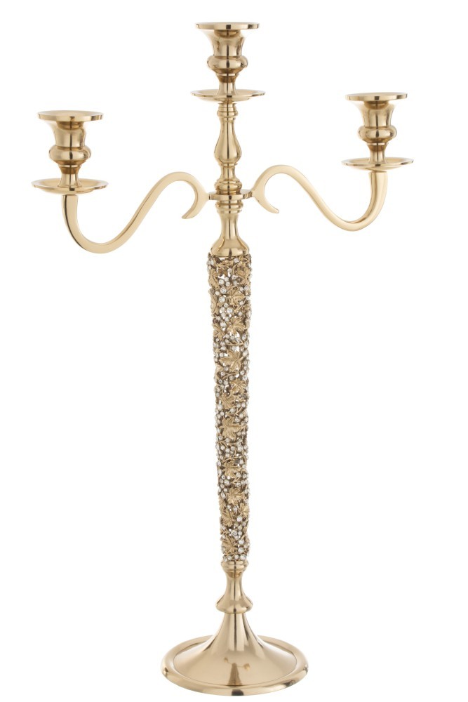 Zlatý kovový svícen na 3 svíčky se zdobením a kamínky Luxy - 40*16*65cm J-Line by Jolipa
