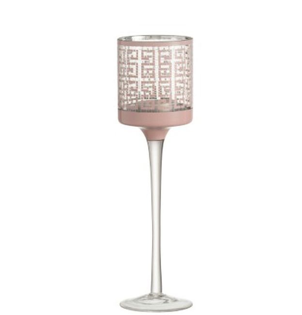 Růžový skleněný svícen na nožičce s ornamenty - Ø 7*25cm J-Line by Jolipa