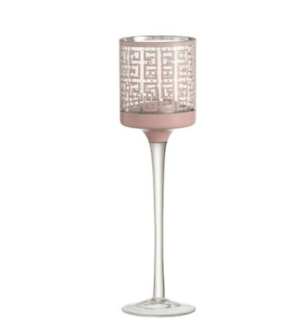 Růžový skleněný svícen na nožičce s ornamenty - Ø 7*25cm