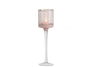 Růžový skleněný svícen na nožičce s ornamenty - Ø 7*25cm