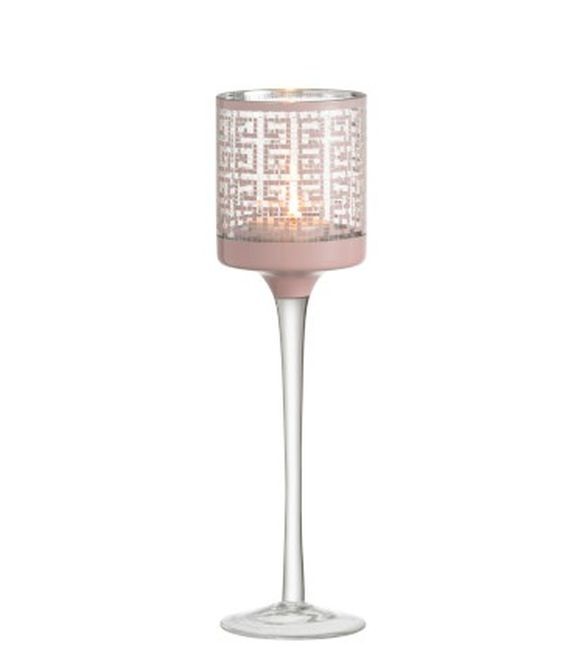 Růžový skleněný svícen na nožičce s ornamenty - Ø 7*25cm