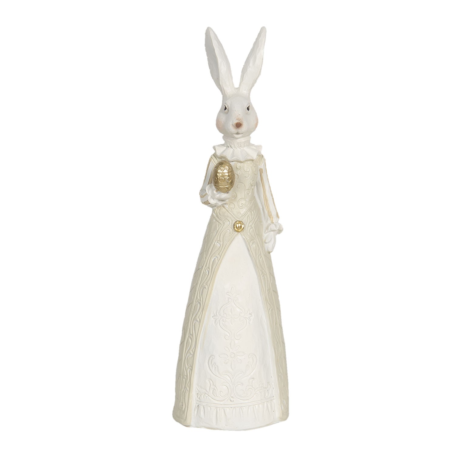 Velikonoční dekorace králičí dámy v šatech se zlatým vajíčkem - 9*9*30 cm Clayre & Eef