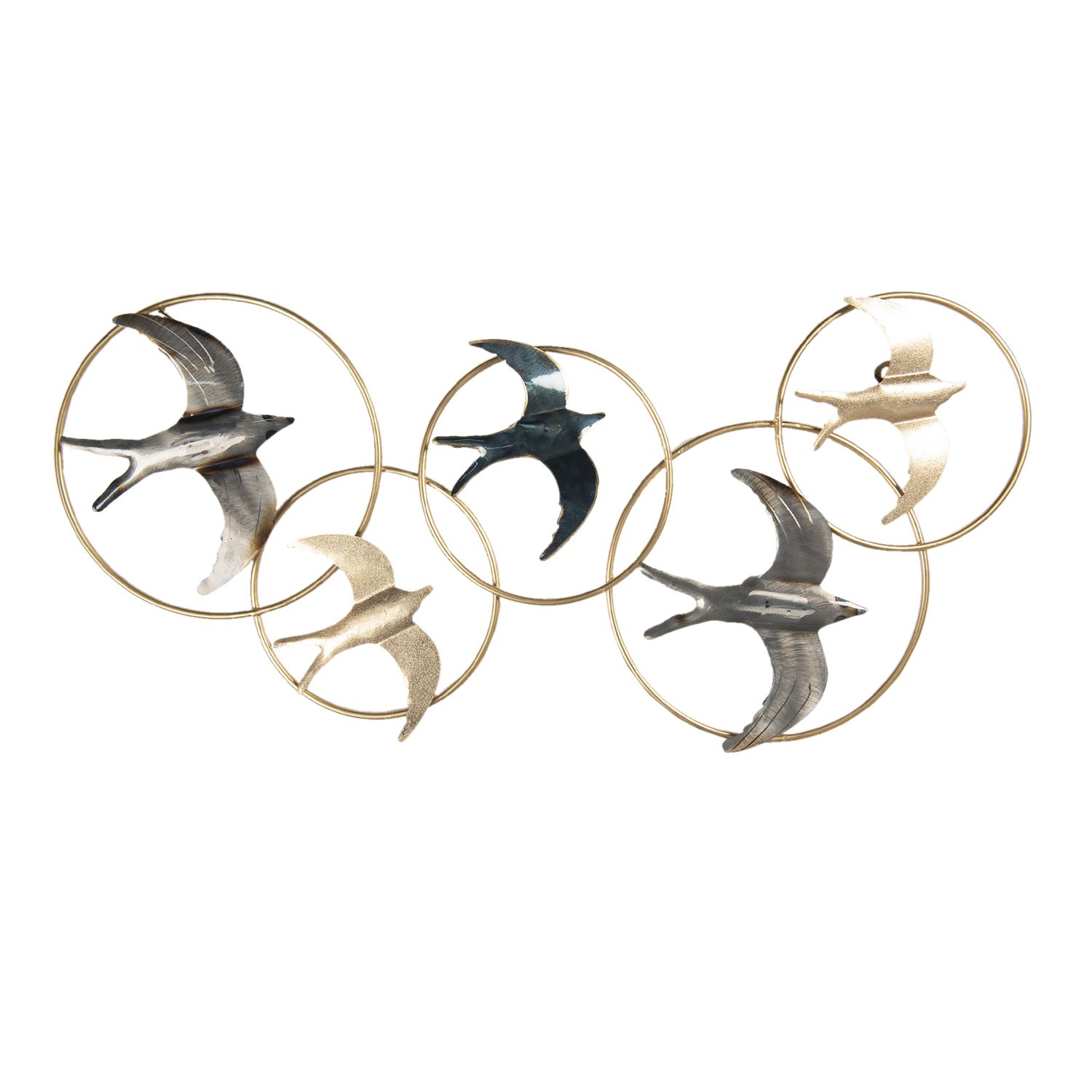 Kovová nástěnná dekorace s ptáky ve zlatých kruzích - 84*3*42 cm Clayre & Eef