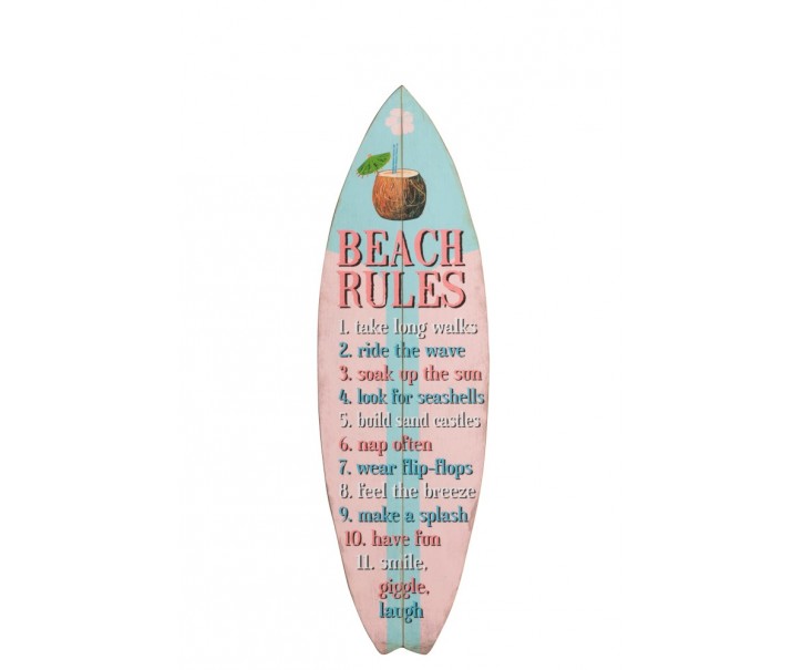 Bílo-růžová dřevěná nástěnná cedule plážová pravidla - 24*1,5*77cm