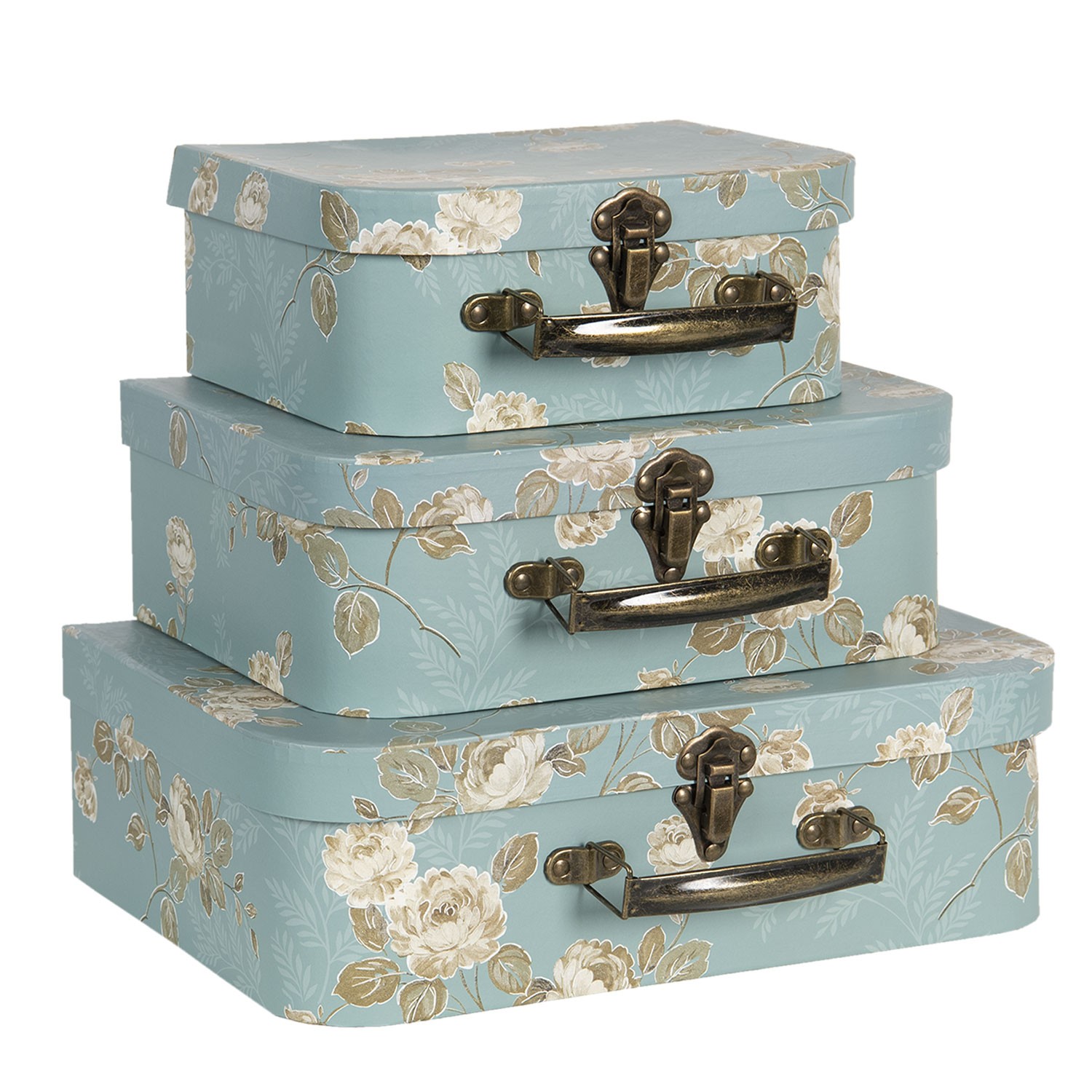 Set 3 ks úložných tyrkysových kufříků s květy - 30*21*9 cm/25*18*9 cm/20*16*8 cm