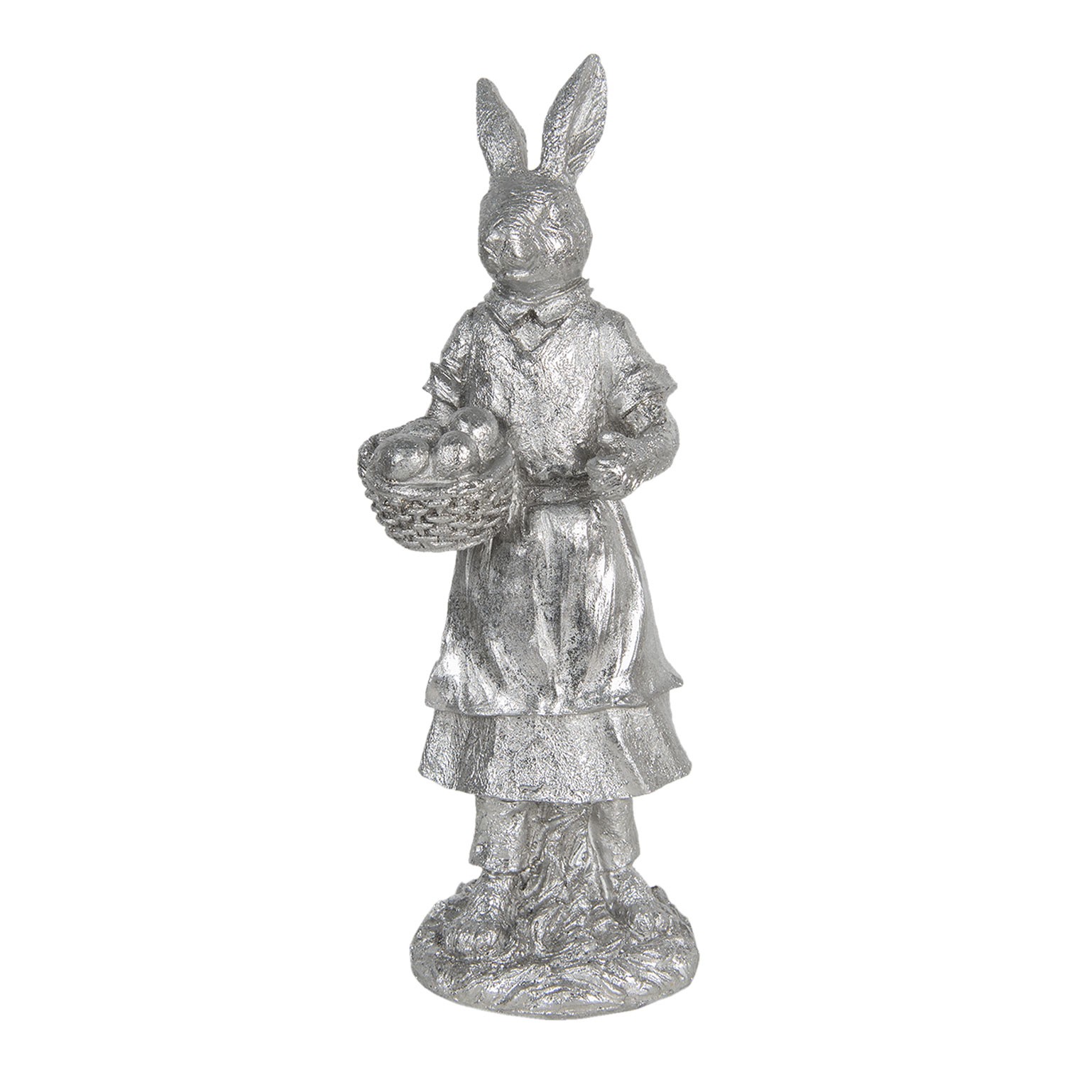 Stříbrná dekorace králíka s košíkem s vajíčky Métallique - 13*12*34 cm Clayre & Eef