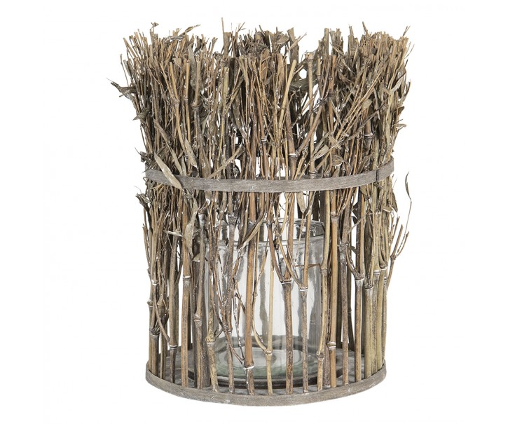Lucerna se skleněným válcem z bambusových stonků s listy – Ø 21*28 cm