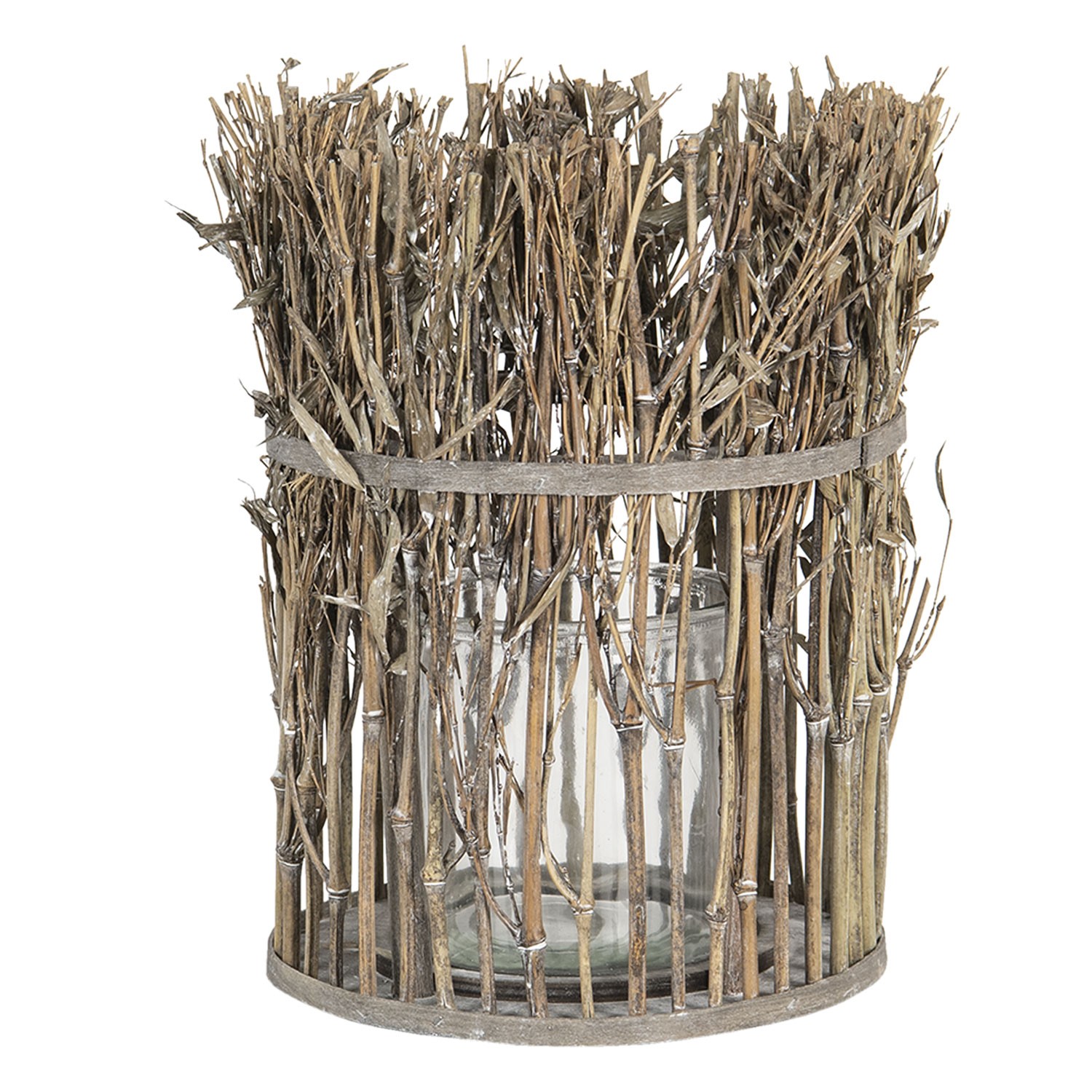 Lucerna se skleněným válcem z bambusových stonků s listy – Ø 21*28 cm Clayre & Eef