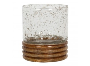 Skleněný svícen na čajovou svíčku s dřevěnou podestou - Ø 9*10 cm
