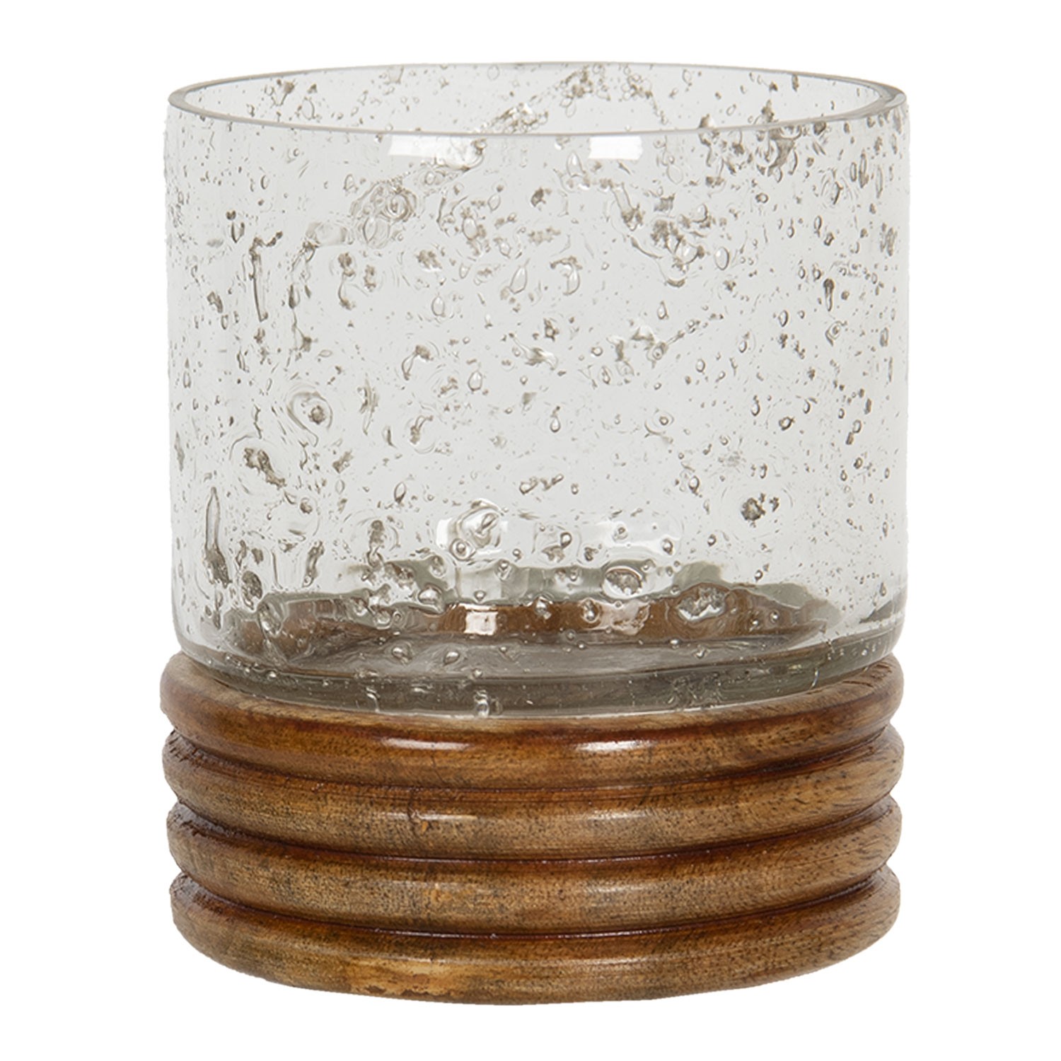 Skleněný svícen  na čajovou svíčku s dřevěnou podestou - Ø 9*10 cm Clayre & Eef