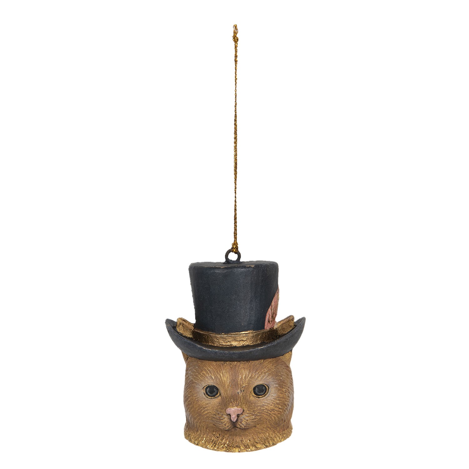 Závěsná dekorace hlava kočky s kloboukem - 6*6*8 cm Clayre & Eef