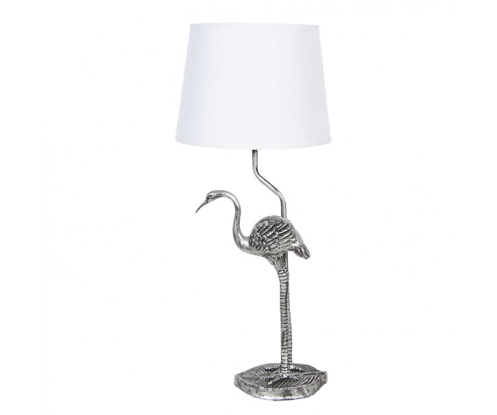 Stříbrná stolní lampa s dekorací plameňáka a bílým stínidlem – Ø 25*58 cm / E27