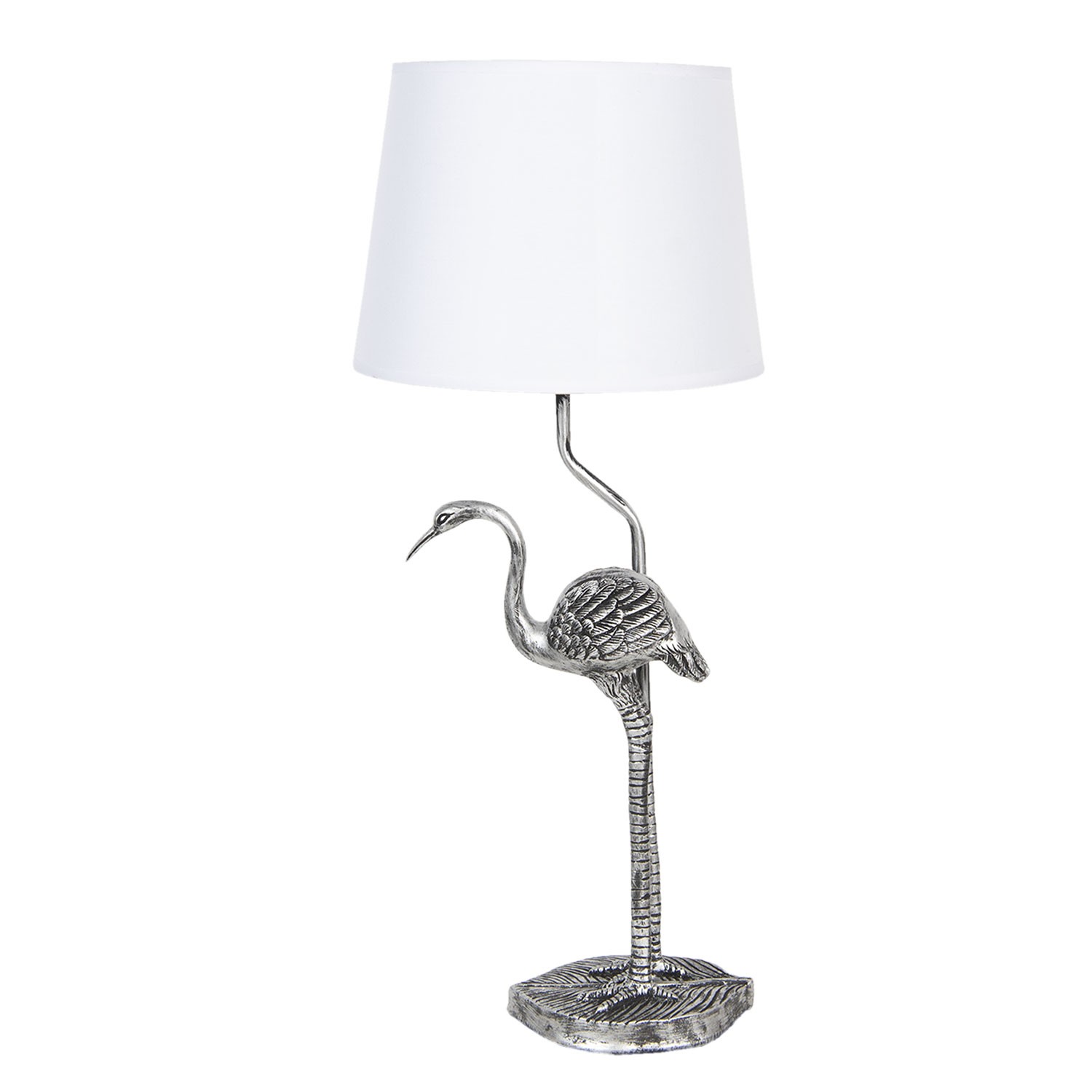 Stříbrná stolní lampa s dekorací plameňáka a bílým stínidlem – Ø 25*58 cm / E27 Clayre & Eef