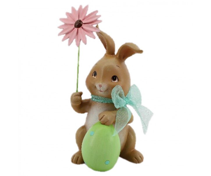 Velikonoční dekorace králíka s růžovou květinou - 9*9*17 cm
