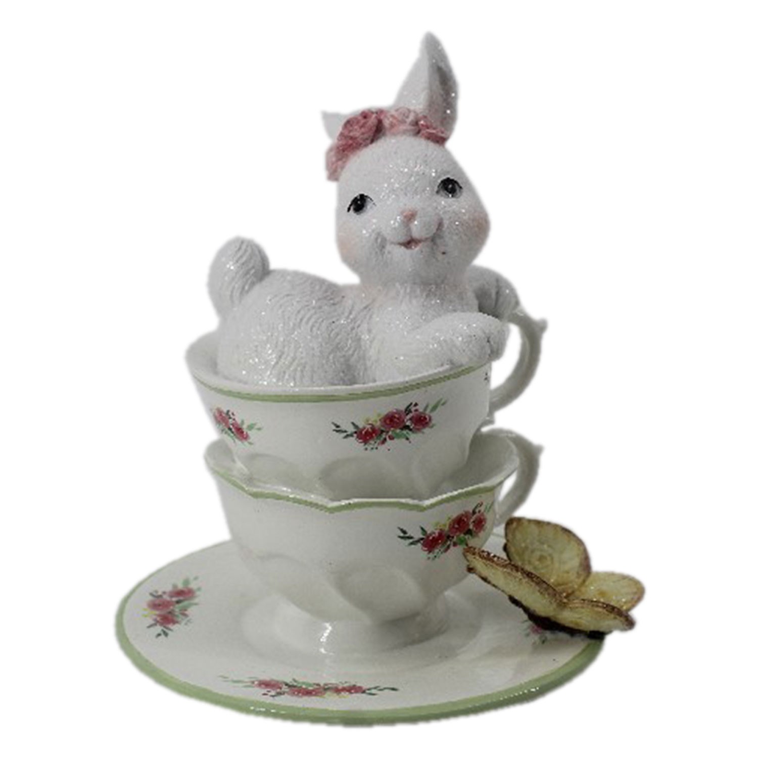 Dekorace bílé králičí slečny v porcelánových šálcích s motýlem - 12*12*15 cm Clayre & Eef