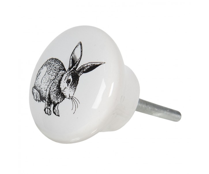 Bílá keramická úchytka na nábytek s motivem králíka – Ø 4*2 cm