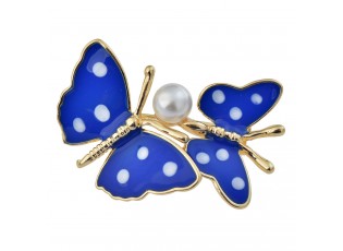Zlatě lemovaná brož dvou modrých motýlů s perlou