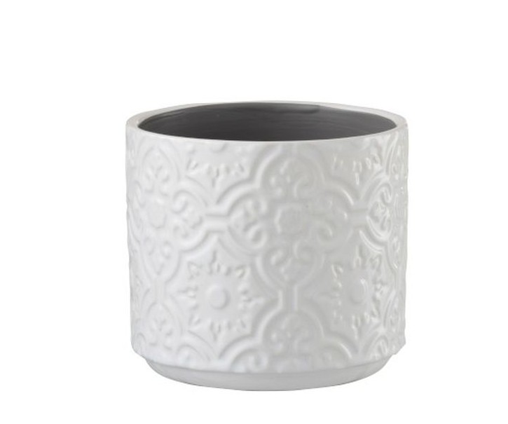 Bílý vzorovaný obal na květináč s květy Ornament S - Ø12*11 cm J-Line by Jolipa