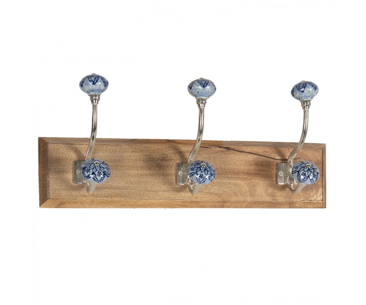 Dřevěný věšák s modrými keramickými knopkami - 44*10*17 cm