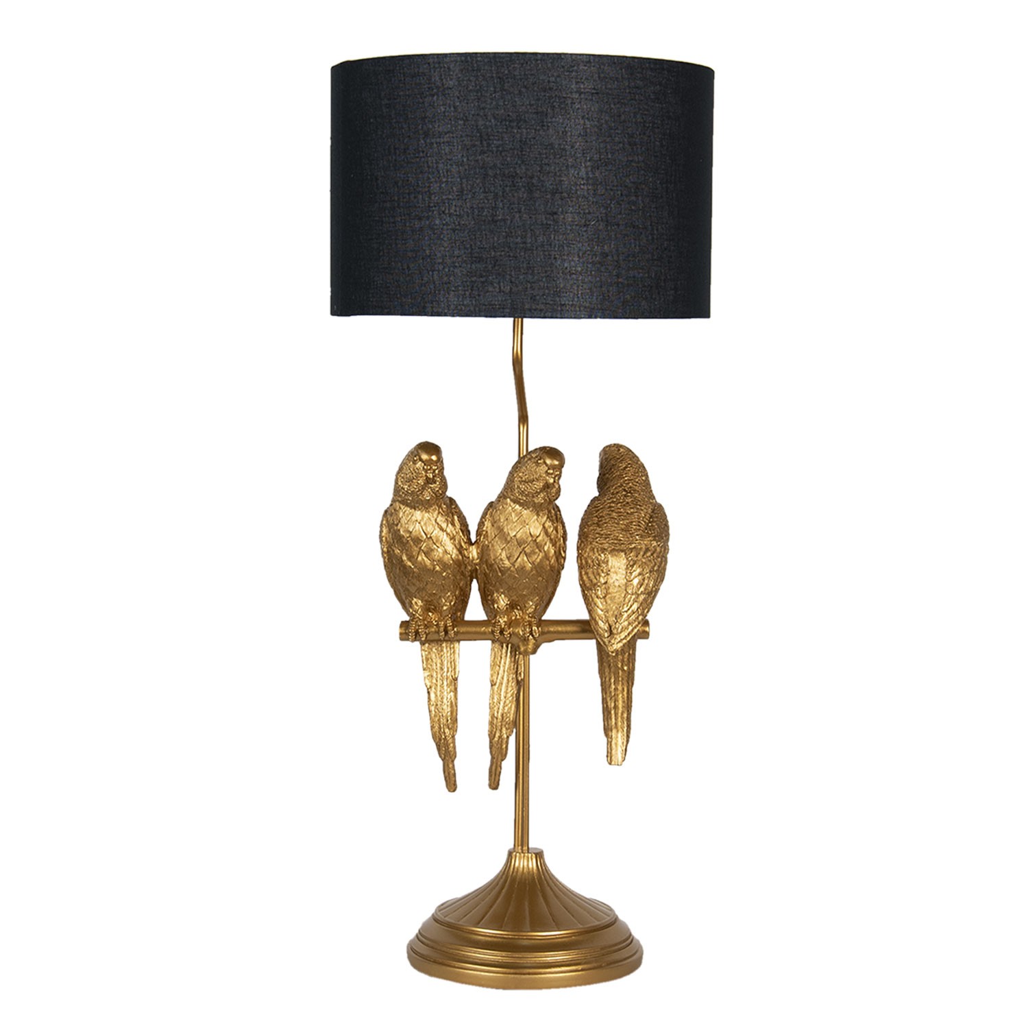 Zlatá lampa s dekorací papoušků s černým stínidlem – Ø 33*79 cm E27/max 1*60W Clayre & Eef
