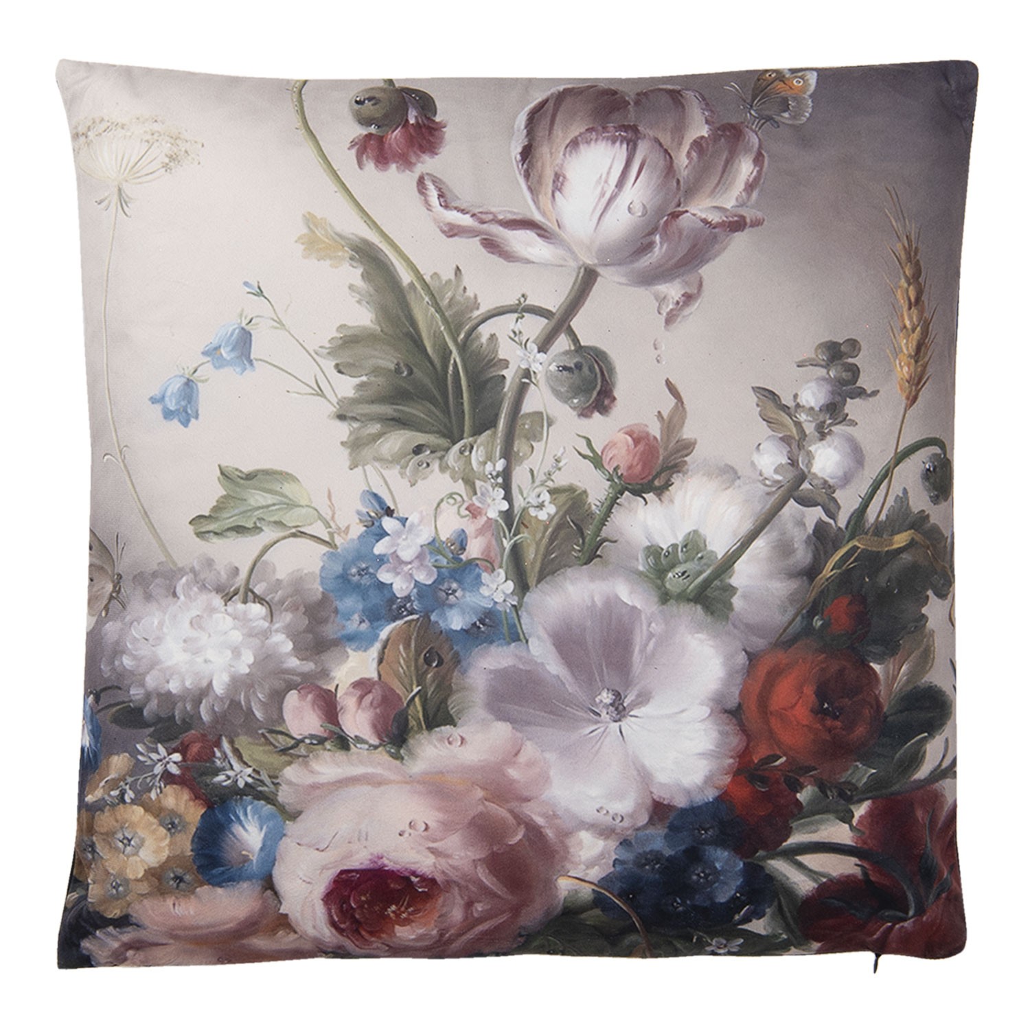 Šedivý polštář s motivem tulipánů a pivoněk s výplní - 45*45 cm