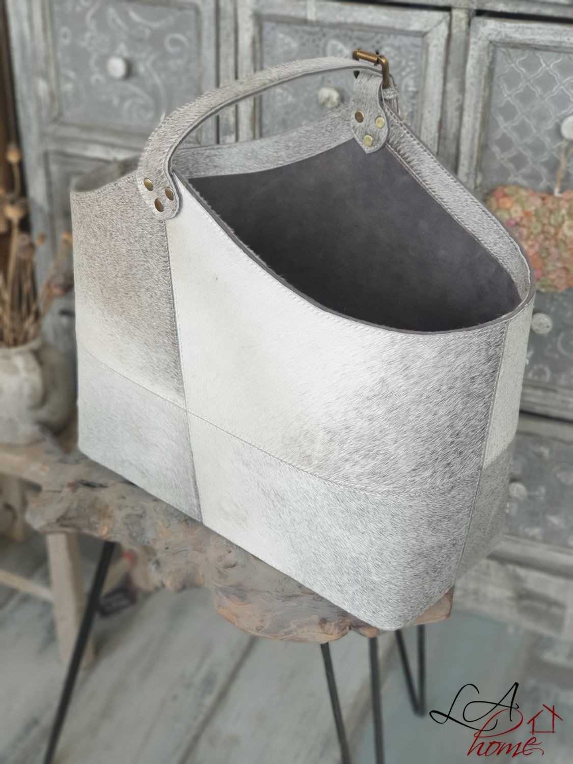 Kožený koš hovězí kůže šedá - 50*21*40cm
