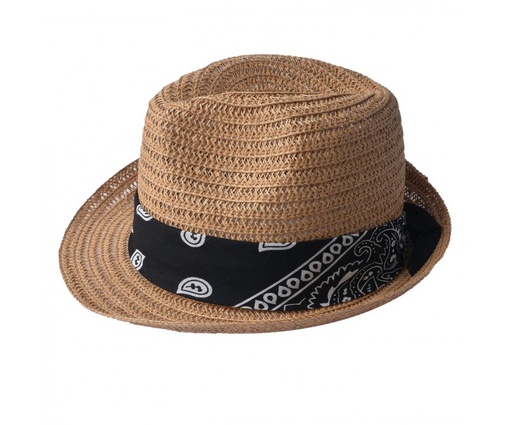Hnědý klobouk se vzorovaným černobílým šátkem - 24*23 cm