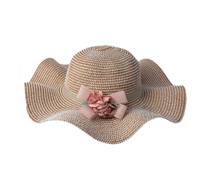 Bílo hnědý klobouk s květinou na boku - Ø 41 cm