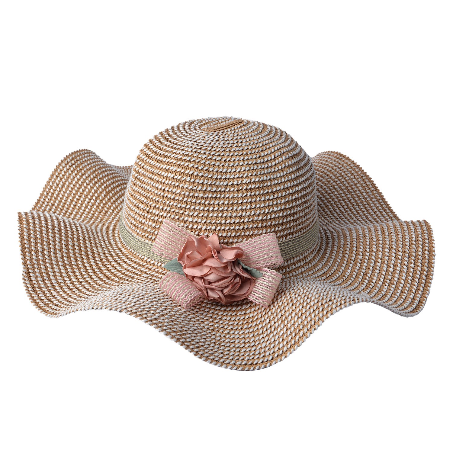 Bílo hnědý klobouk s květinou na boku - Ø 41 cm Clayre & Eef
