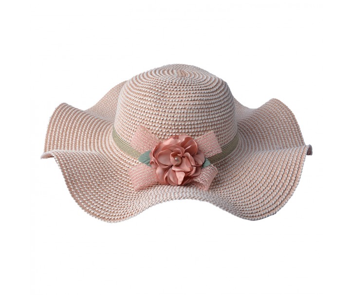 Růžový klobouk s květinou na boku - Ø 41 cm