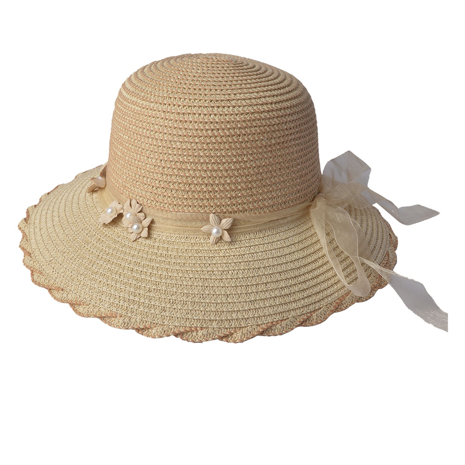 Béžový klobouk se stuhou a kytičkami - Ø 36 cm Clayre & Eef