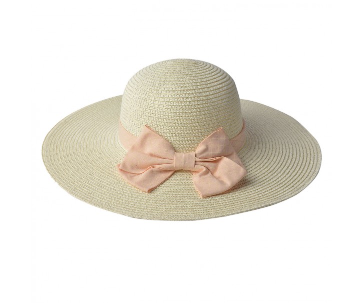 Světle béžový klobouk s růžovou mašlí - Ø 42 cm