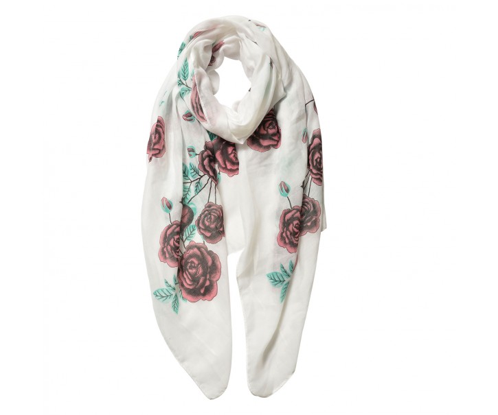 Bílý šátek s růžemi - 70*180 cm