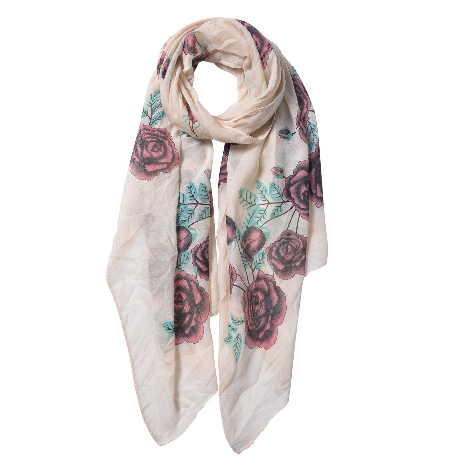 Krémový šátek s růžemi - 70*180 cm Clayre & Eef