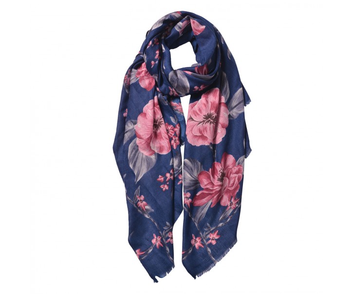 Modrý šátek s velkými květy - 80*180 cm