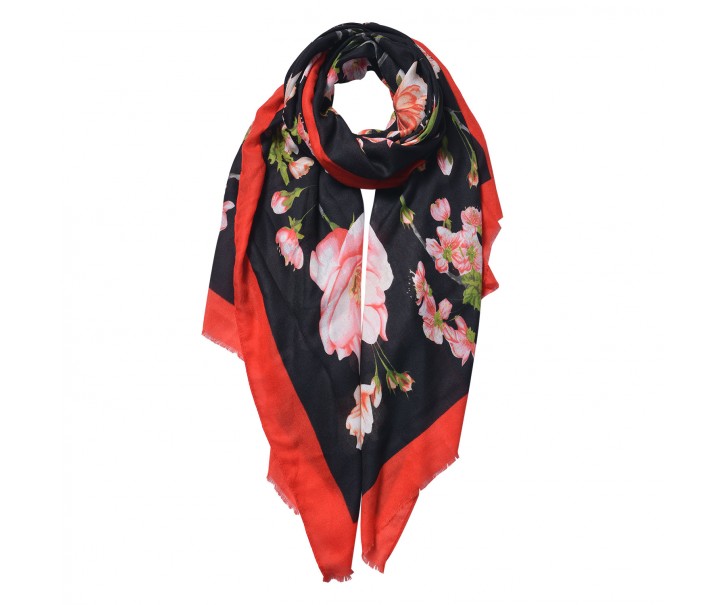 Černo červený šátek s květy - 80*180 cm