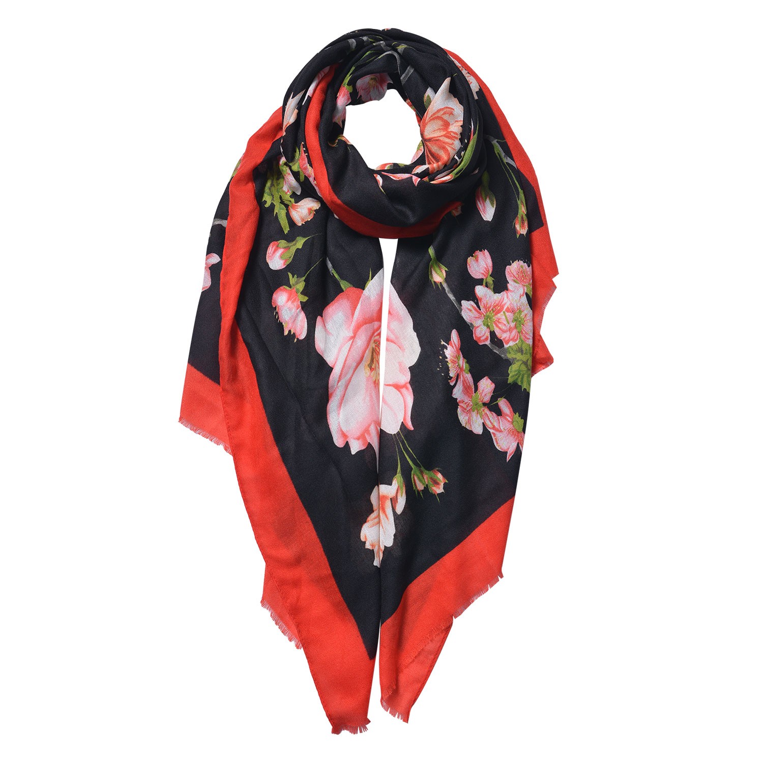 Černo červený šátek s květy - 80*180 cm Clayre & Eef
