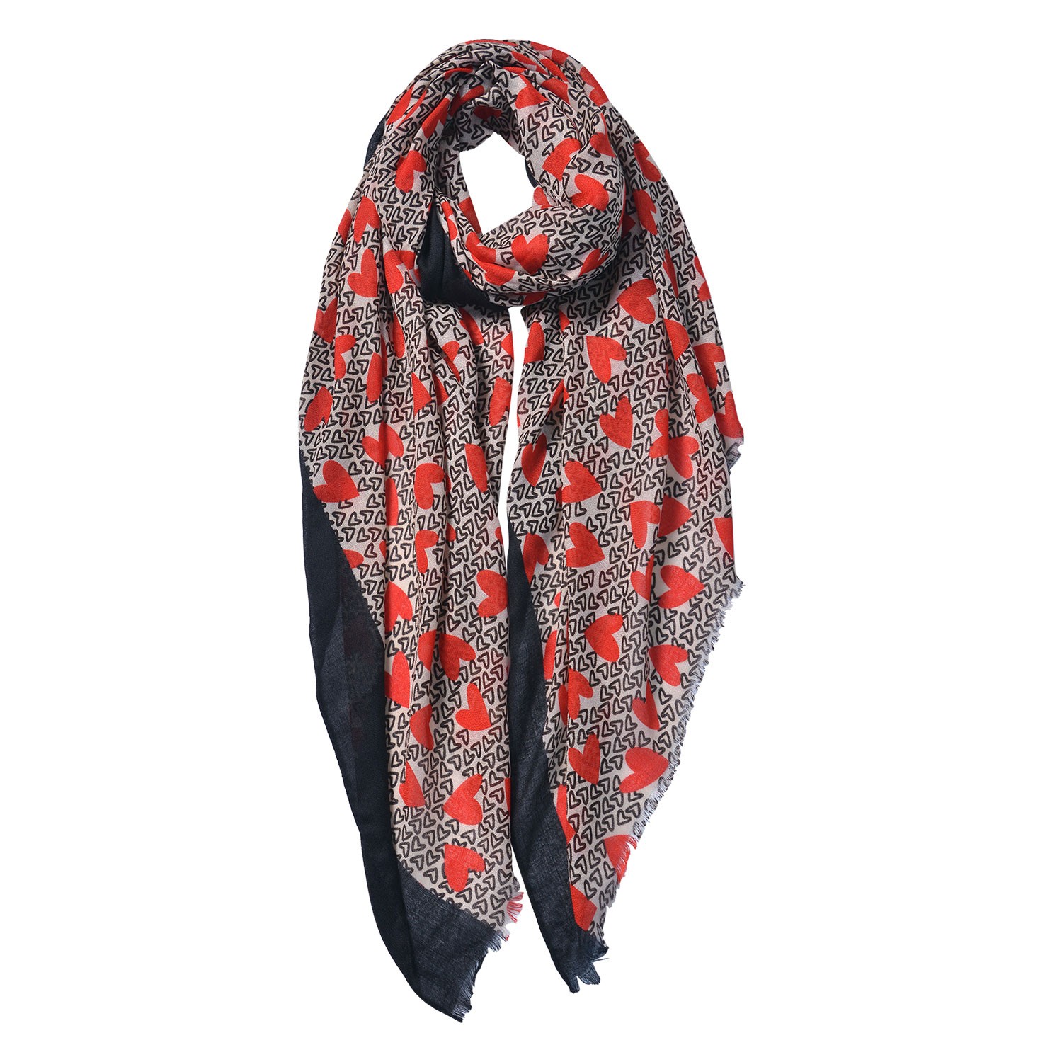 Černo béžový šátek s červenými srdíčky - 80*180 cm JZSC0545R
