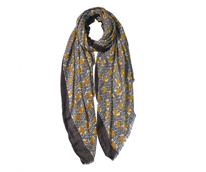 Hnědo béžový šátek se žlutými srdíčky - 80*180 cm