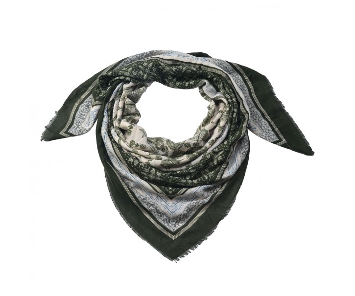 Hnědo zelený šátek s ornamenty - 140*40 cm
