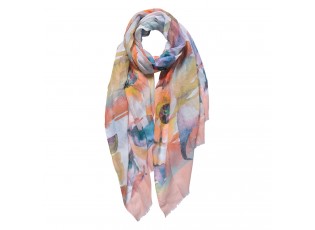 Barevný šátek s květy a lososovým lemem - 70*180 cm