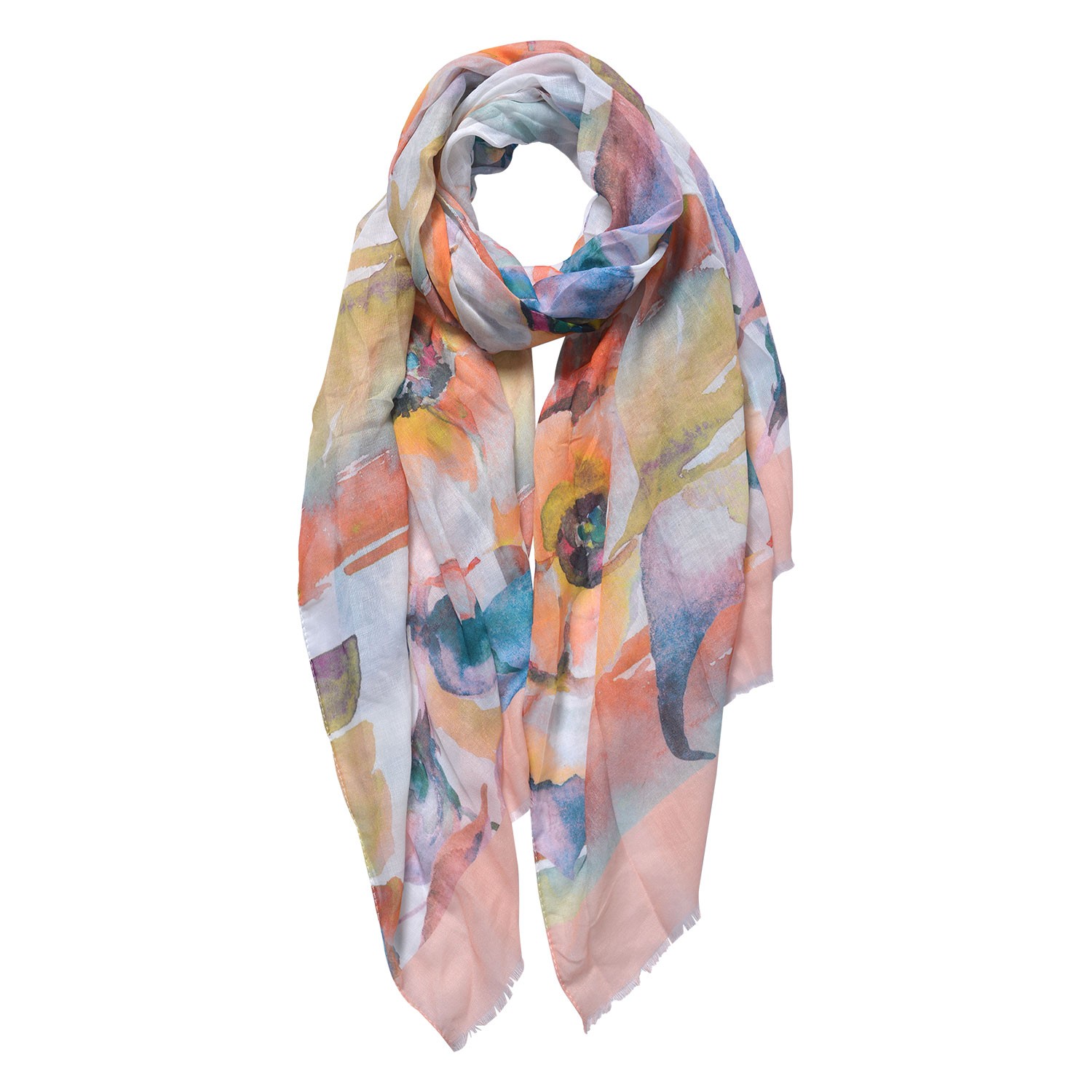 Barevný šátek s květy a lososovým lemem - 70*180 cm Clayre & Eef