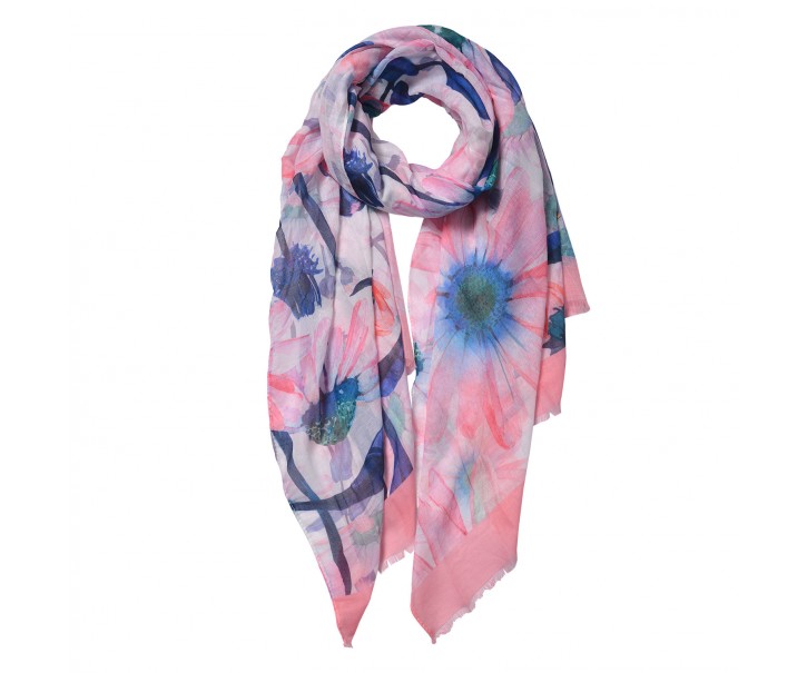 Růžovo modrý šátek s květy - 70*180 cm