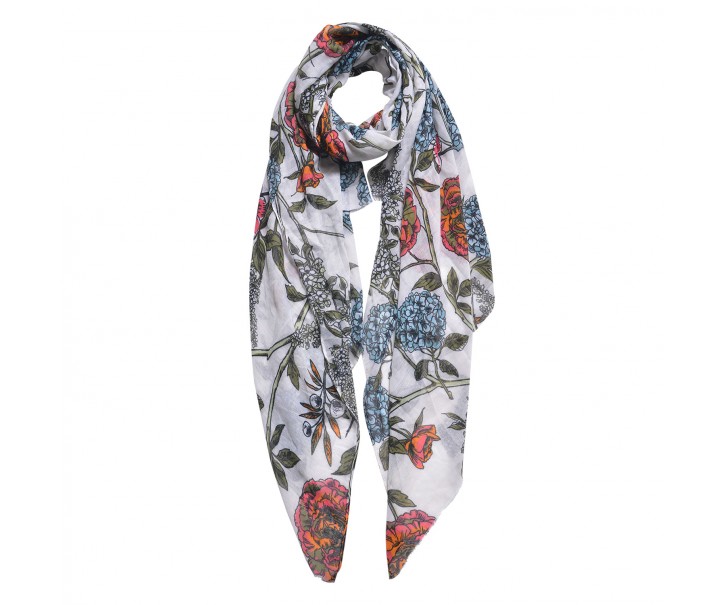 Bílý šátek s potiskem růží - 87*180 cm