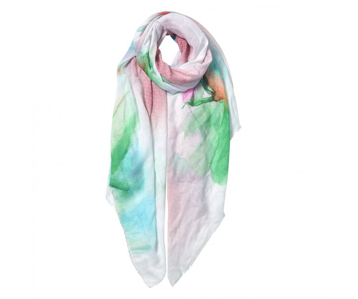 Růžovo modro zelený žíhaný šátek s potiskem - 80*180 cm