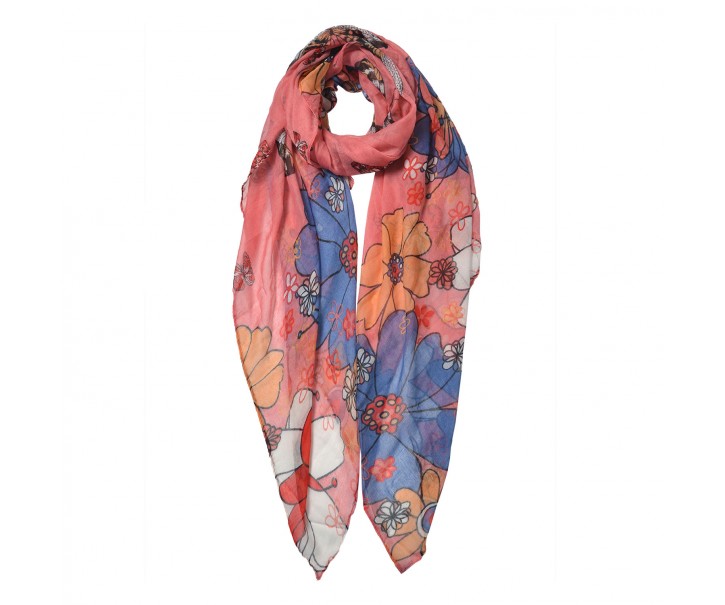 Růžový šátek s barevnými květa - 85*180 cm