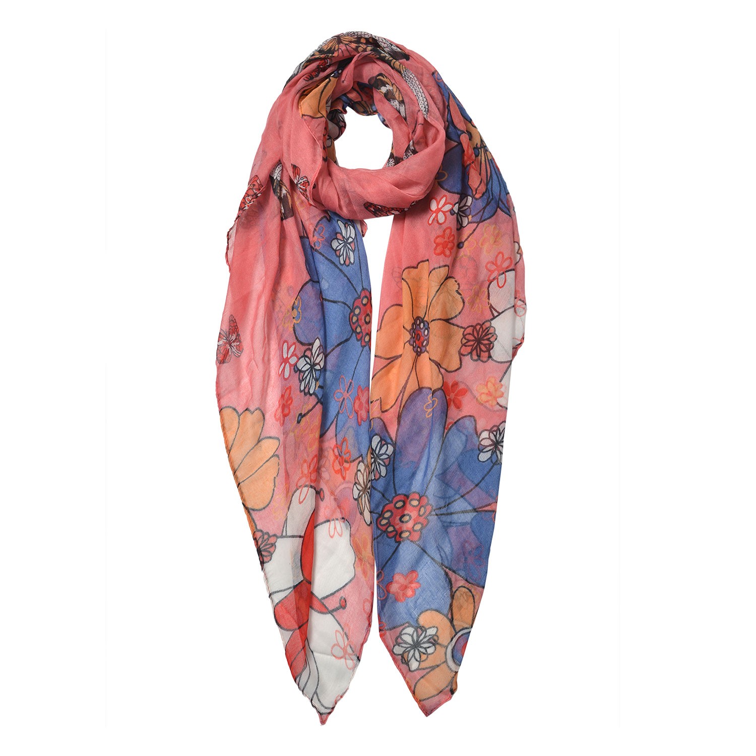 Růžový šátek s barevnými květa - 85*180 cm Clayre & Eef