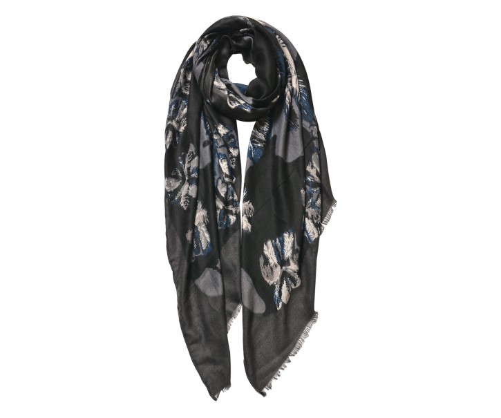 Tmavě šedý šátek s květy - 85*180 cm