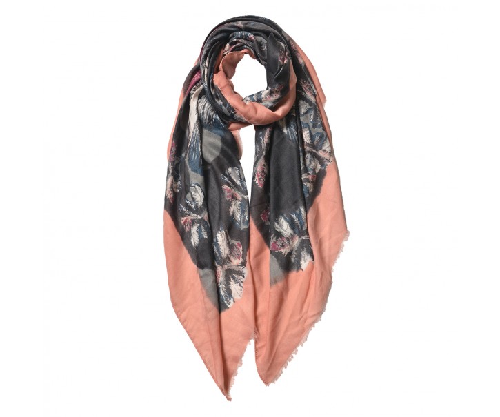 Černý šátek s květy a hnědým lemováním - 85*180 cm