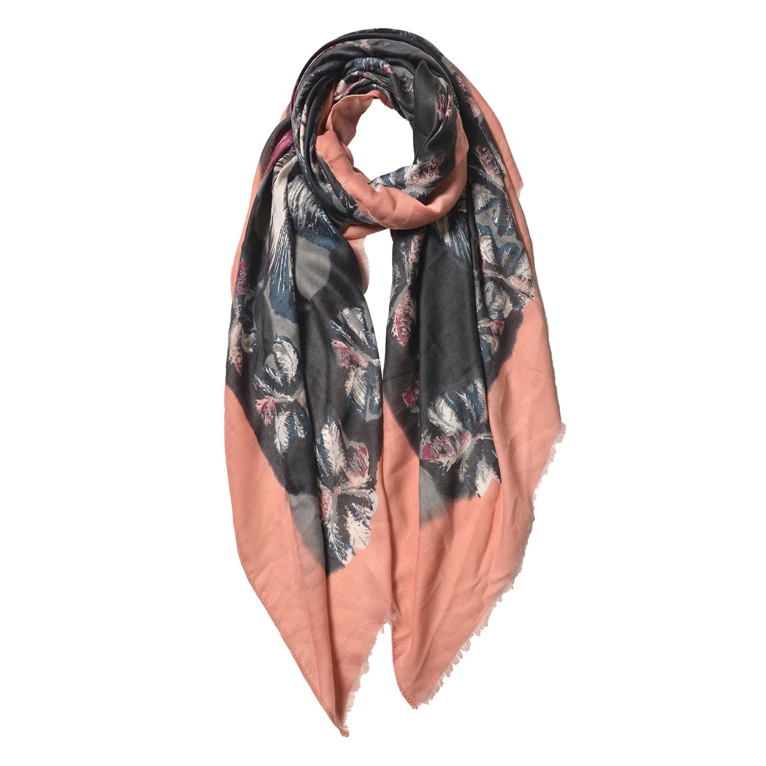 Černý šátek s květy a hnědým lemováním - 85*180 cm Clayre & Eef